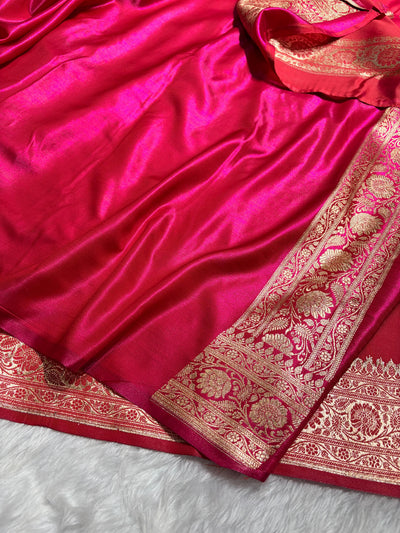 Rani Pink Banarasi Satin Silk Saree with Gold Floral Booti SS65