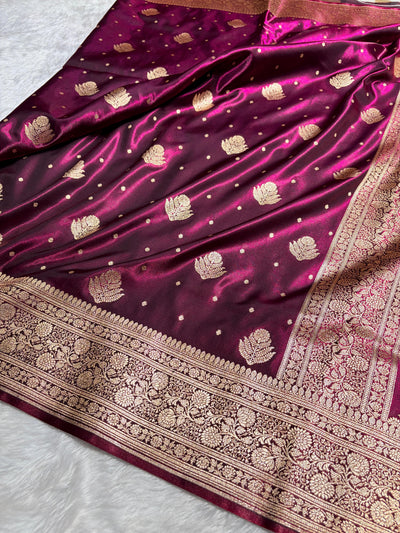 Banarasi Deep Wine Shades Booti Pattern Banarasi Satin Silk Saree SS59