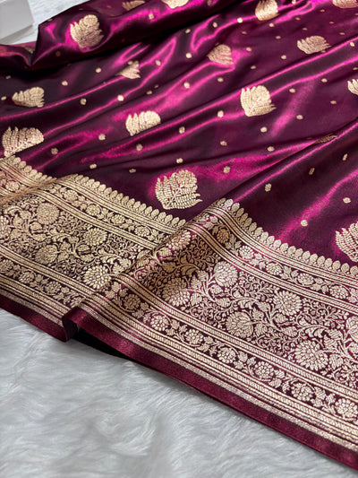 Banarasi Deep Wine Shades Booti Pattern Banarasi Satin Silk Saree SS59
