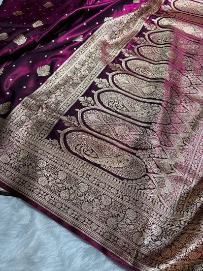 Banarasi Deep Wine Shades Booti Pattern Banarasi Satin Silk Saree SS59