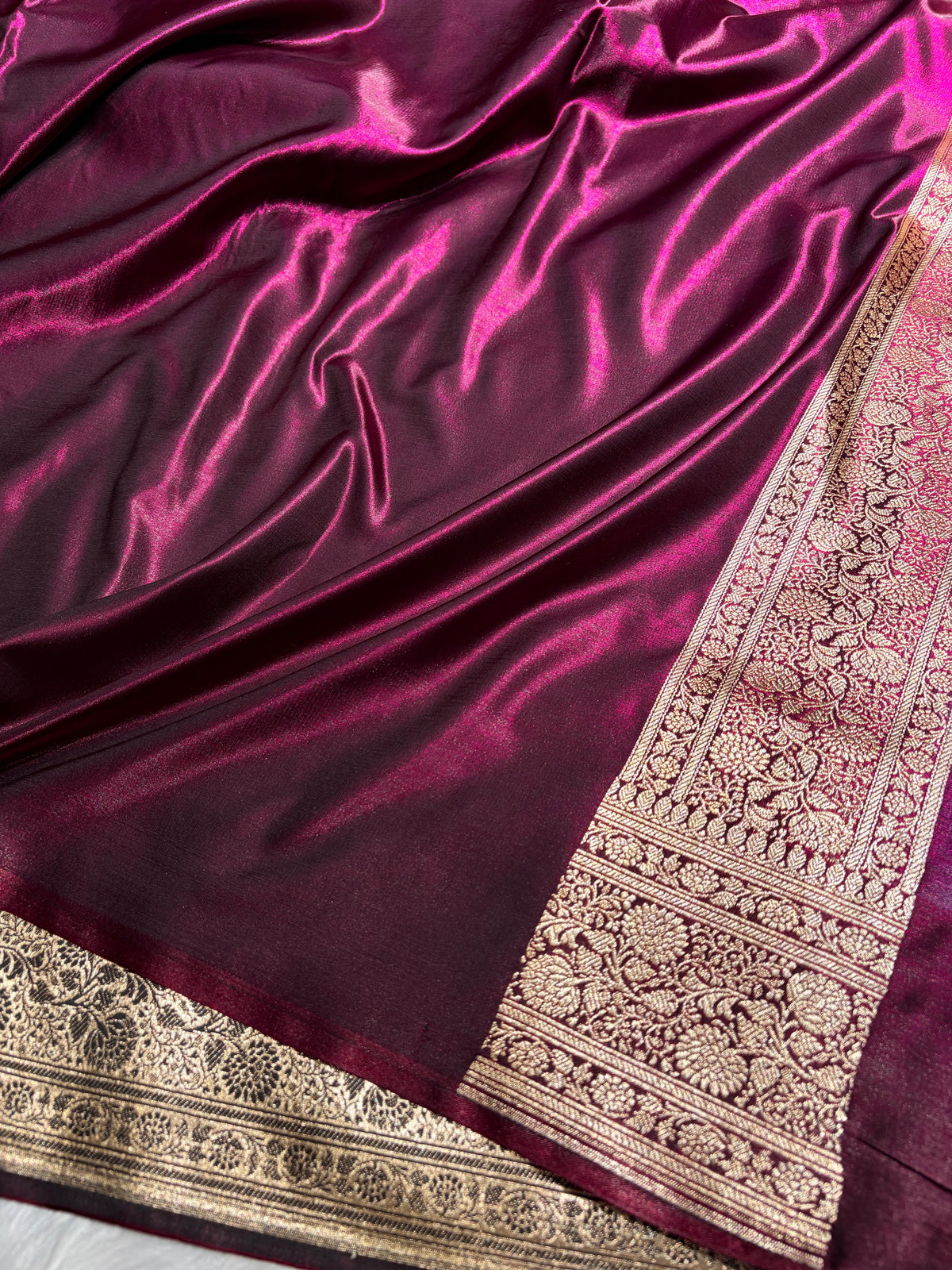 Banarasi Deep Wine Shades Booti Pattern Banarasi Satin Silk Saree SS59