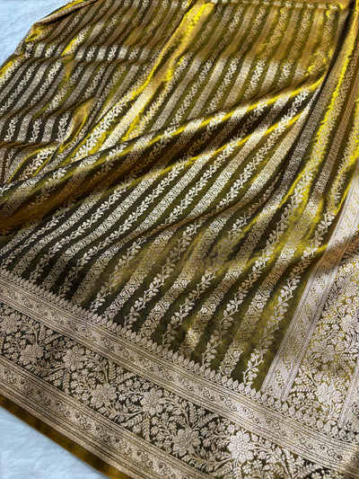 Cross Mahendi shades Stripe Pattern Banarasi Satin Silk Saree SS46