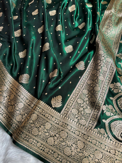 Banarasi Bottle Green Shades Booti Pattern Banarasi Satin Silk Saree SS59