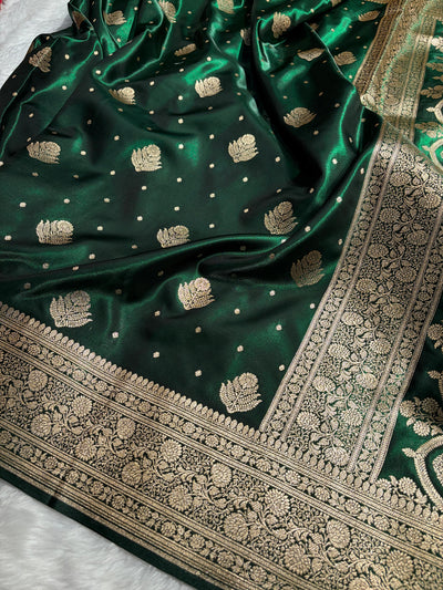Banarasi Bottle Green Shades Booti Pattern Banarasi Satin Silk Saree SS59