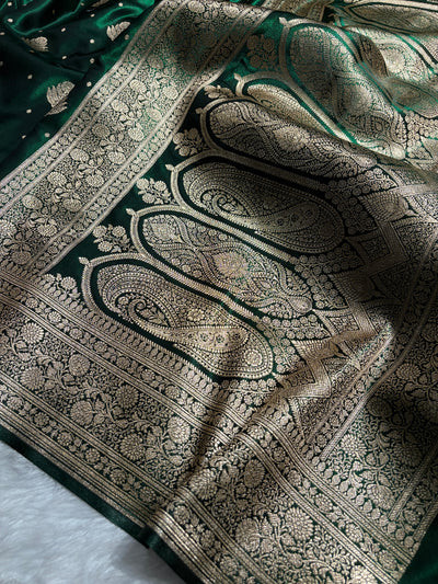 Banarasi Bottle Green Shades Booti Pattern Banarasi Satin Silk Saree SS59