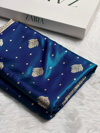 Banarasi Royal Blue Shades Booti Pattern Banarasi Satin Silk Saree SS59