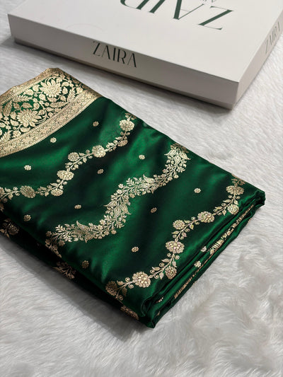 Banarasi Light Weight Satin Silk Bottle Green Shades SS10