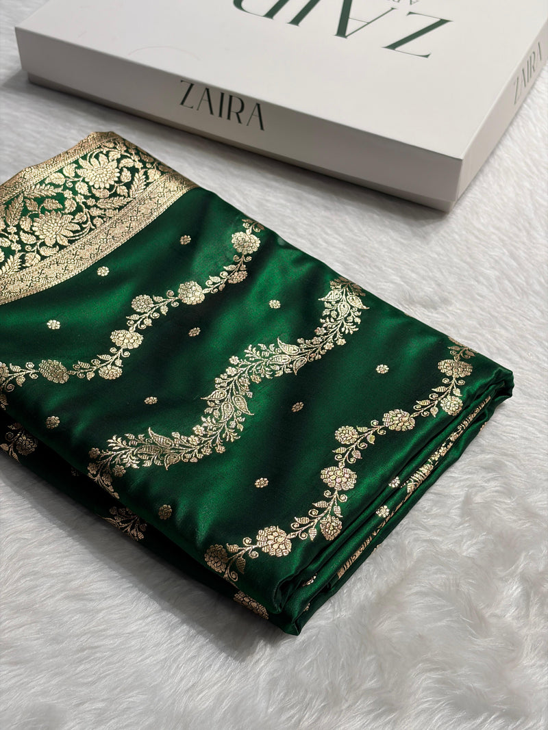 Banarasi Light Weight Satin Silk Bottle Green Shades SS10