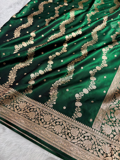 Banarasi Light Weight Satin Silk Bottle Green Shades SS10