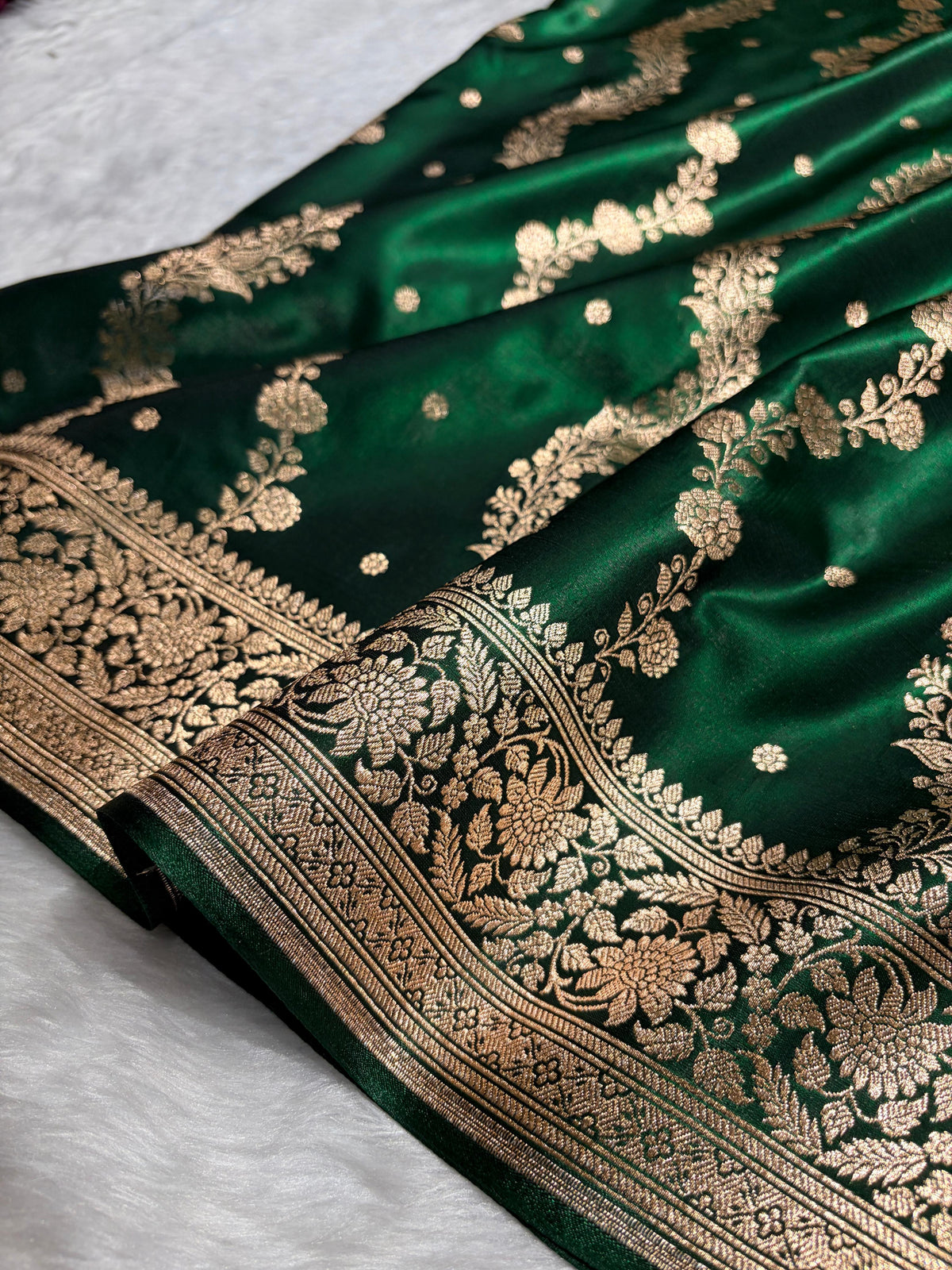 Banarasi Light Weight Satin Silk Bottle Green Shades SS10