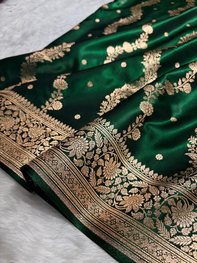 Banarasi Light Weight Satin Silk Bottle Green Shades SS10