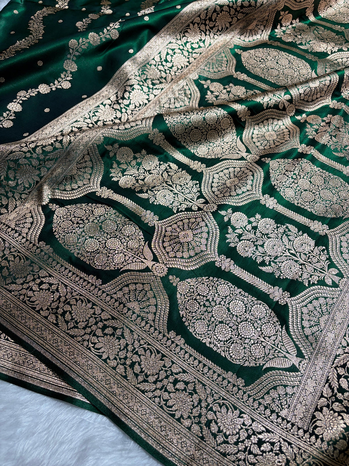 Banarasi Light Weight Satin Silk Bottle Green Shades SS10