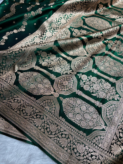 Banarasi Light Weight Satin Silk Bottle Green Shades SS10
