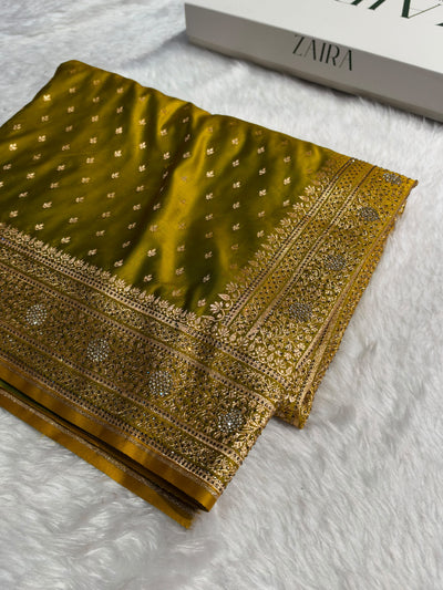 Banarasi Satin Katan Saree With Swarovski Work in Mahendi Shades BSK88