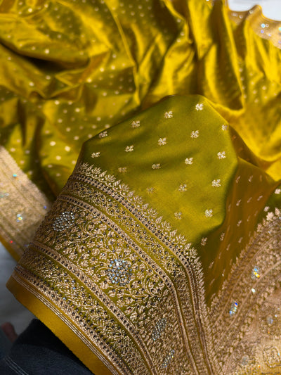 Banarasi Satin Katan Saree With Swarovski Work in Mahendi Shades BSK88