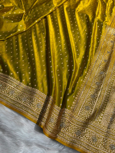 Banarasi Satin Katan Saree With Swarovski Work in Mahendi Shades BSK88