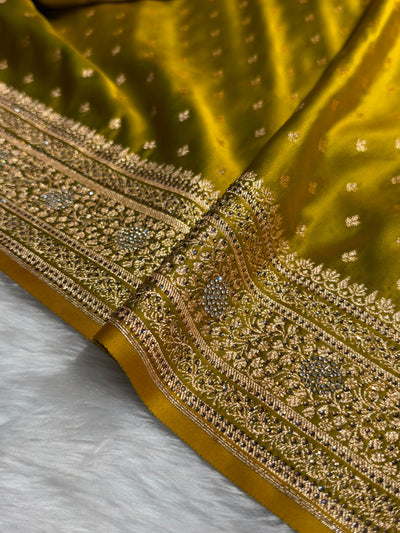 Banarasi Satin Katan Saree With Swarovski Work in Mahendi Shades BSK88