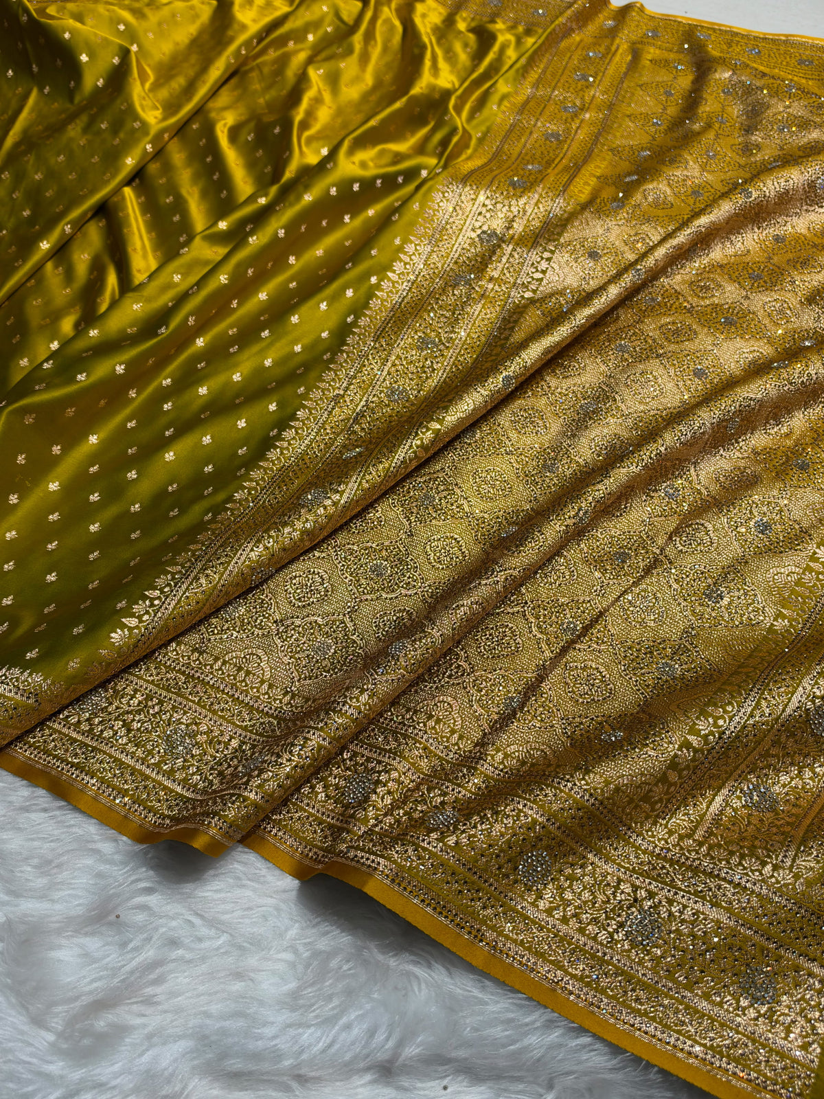 Banarasi Satin Katan Saree With Swarovski Work in Mahendi Shades BSK88