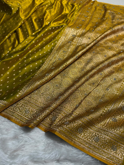 Banarasi Satin Katan Saree With Swarovski Work in Mahendi Shades BSK88