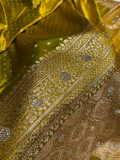 Banarasi Satin Katan Saree With Swarovski Work in Mahendi Shades BSK88