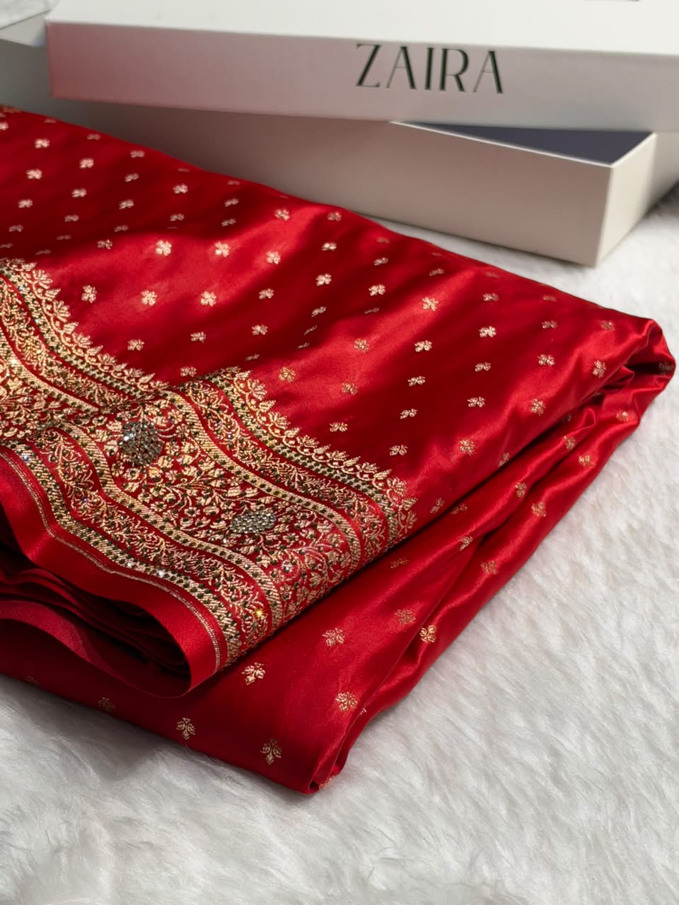 Banarasi Satin Katan Saree With Swarovski Work in Bridal Red Shades BSK88