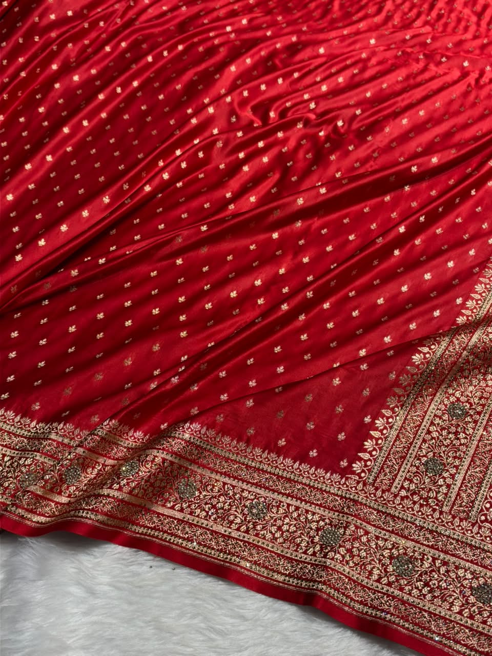 Banarasi Satin Katan Saree With Swarovski Work in Bridal Red Shades BSK88