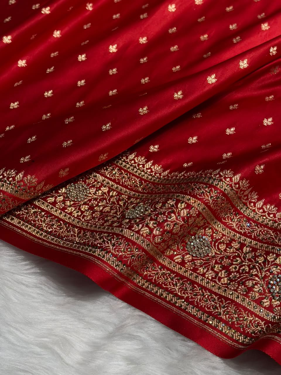 Banarasi Satin Katan Saree With Swarovski Work in Bridal Red Shades BSK88