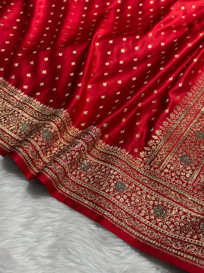 Banarasi Satin Katan Saree With Swarovski Work in Bridal Red Shades BSK88
