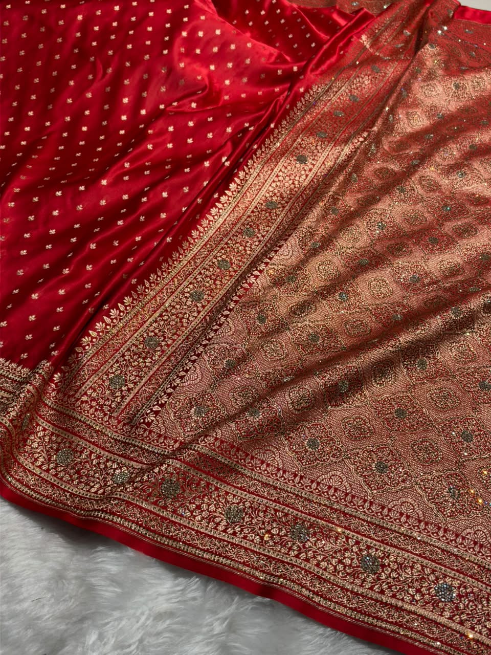 Banarasi Satin Katan Saree With Swarovski Work in Bridal Red Shades BSK88