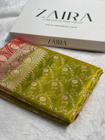 Banarasi Satin Katan Saree in Contrast Mahendi Green / Red Shades SK158