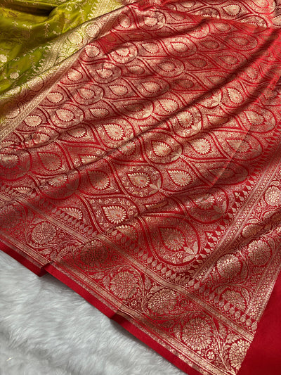 Banarasi Satin Katan Saree in Contrast Mahendi Green / Red Shades SK158