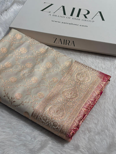 Banarasi Satin Katan Saree in Contrast White / Rani Pink Shades SK158
