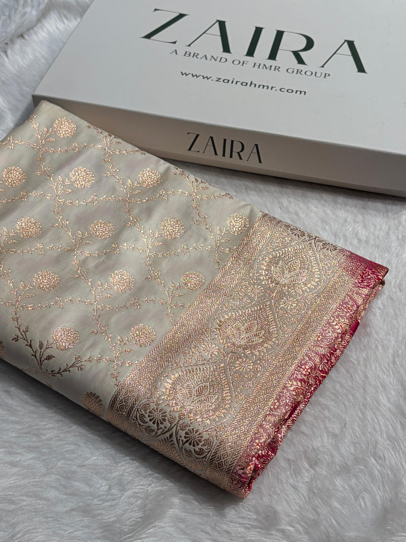 Banarasi Satin Katan Saree in Contrast White / Rani Pink Shades SK158