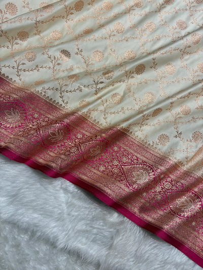 Banarasi Satin Katan Saree in Contrast White / Rani Pink Shades SK158