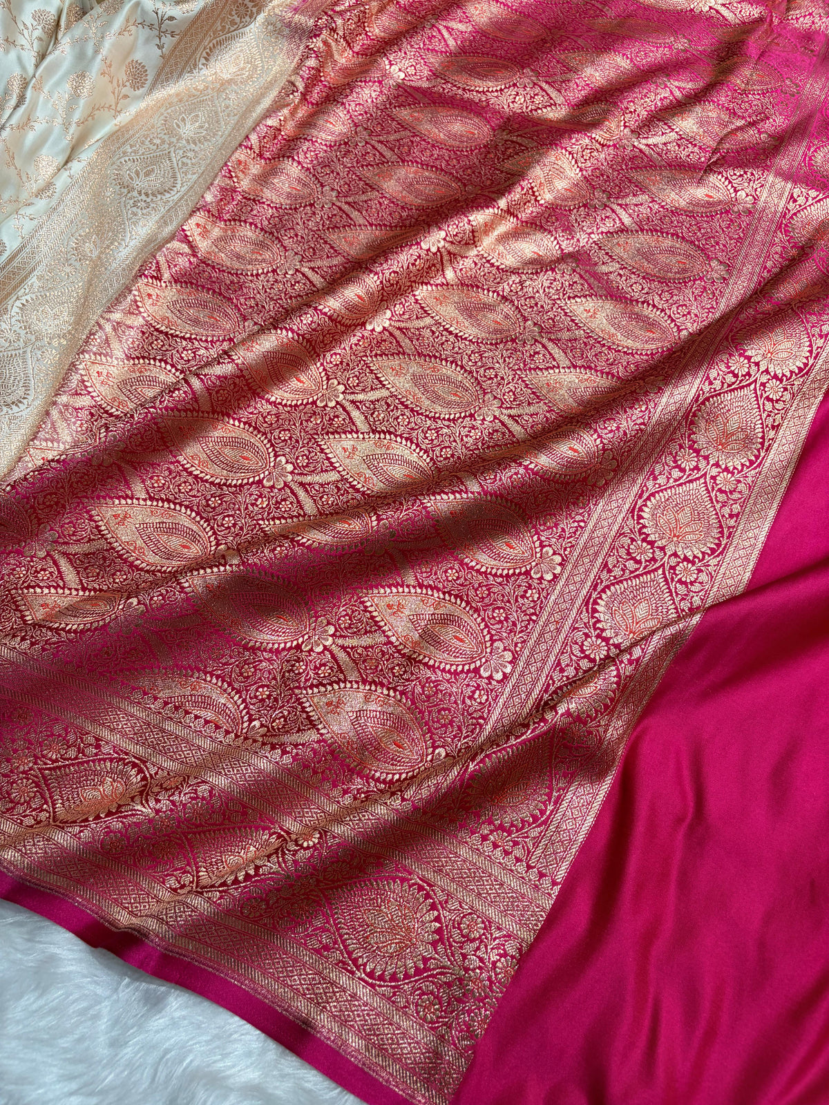 Banarasi Satin Katan Saree in Contrast White / Rani Pink Shades SK158