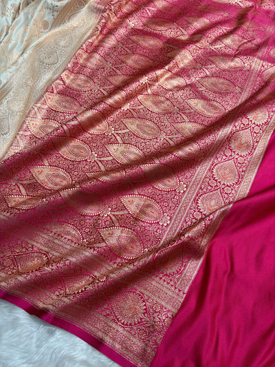 Banarasi Satin Katan Saree in Contrast White / Rani Pink Shades SK158