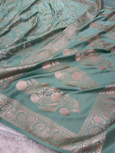Sea Green Shades Banarasi With Floral Jaal Pattern Mashru Silk Saree MSM-134