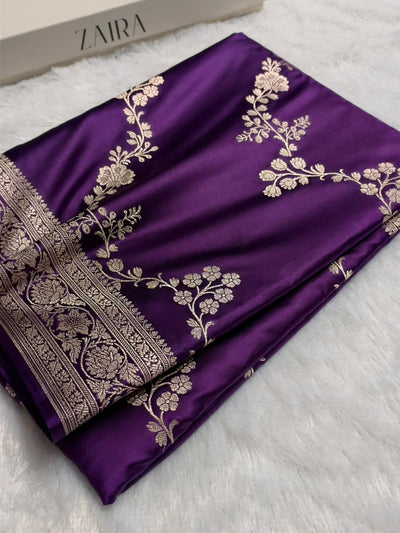 Traditional Banarasi Floral Cross Pattern in Purple Shades Floral Mashru Silk Saree MCS110