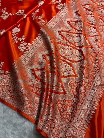 Traditional Banarasi Floral Cross Pattern in Orange Shades Floral Mashru Silk Saree MCS110