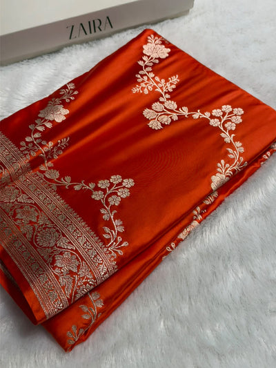 Traditional Banarasi Floral Cross Pattern in Orange Shades Floral Mashru Silk Saree MCS110