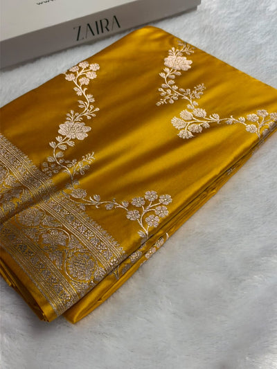 Traditional Banarasi Floral Cross Pattern in Yellow Shades Floral Mashru Silk Saree MCS110