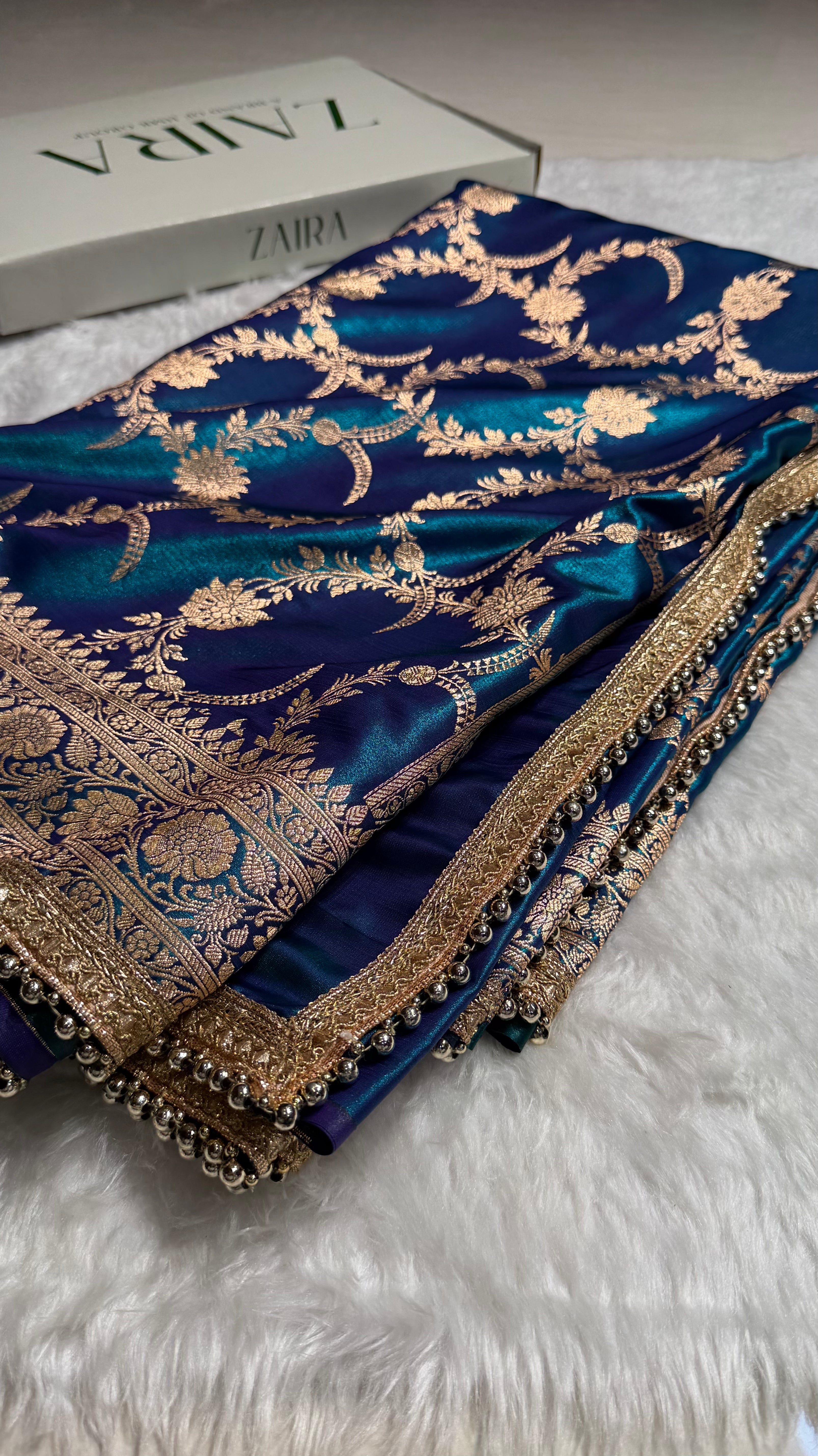 Satin Silk Banarasi Jaal In Peacock Shades With Gotta Patti  SSGP18
