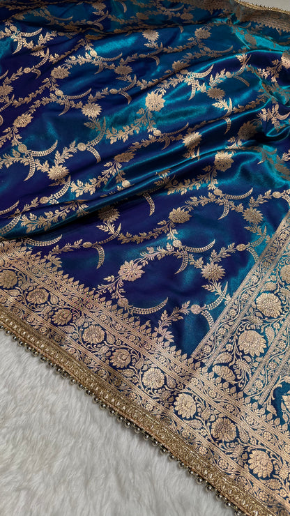 Satin Silk Banarasi Jaal In Peacock Shades With Gotta Patti  SSGP18
