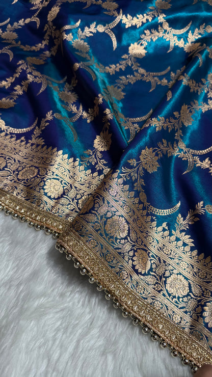 Satin Silk Banarasi Jaal In Peacock Shades With Gotta Patti  SSGP18