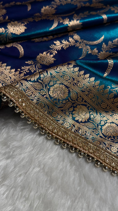 Satin Silk Banarasi Jaal In Peacock Shades With Gotta Patti  SSGP18