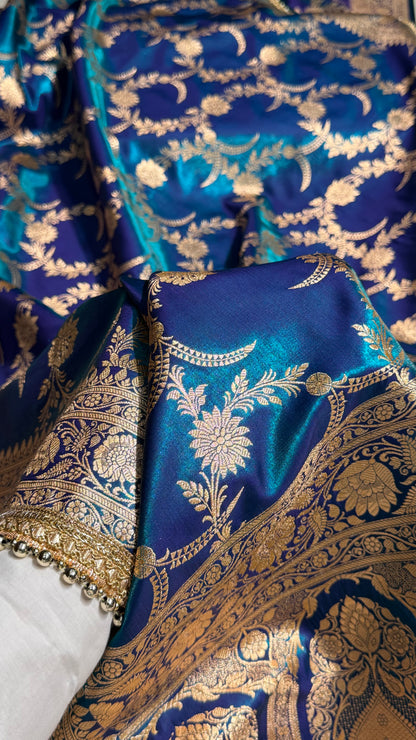 Satin Silk Banarasi Jaal In Peacock Shades With Gotta Patti  SSGP18
