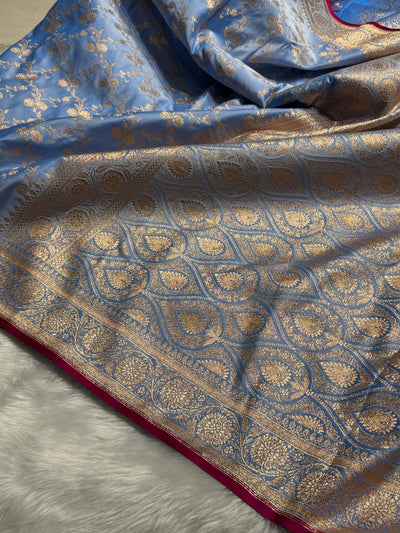 Nile Blue  Cross Satin Katan Silk Saree SK17