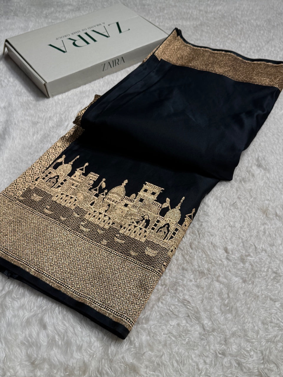 Black Banarasi Ghat Pattern Satin Katan Silk saree