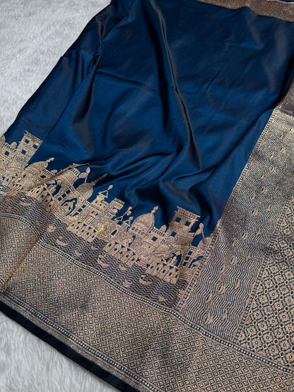 German Blue Banarasi Ghat Pattern Satin Katan Silk saree