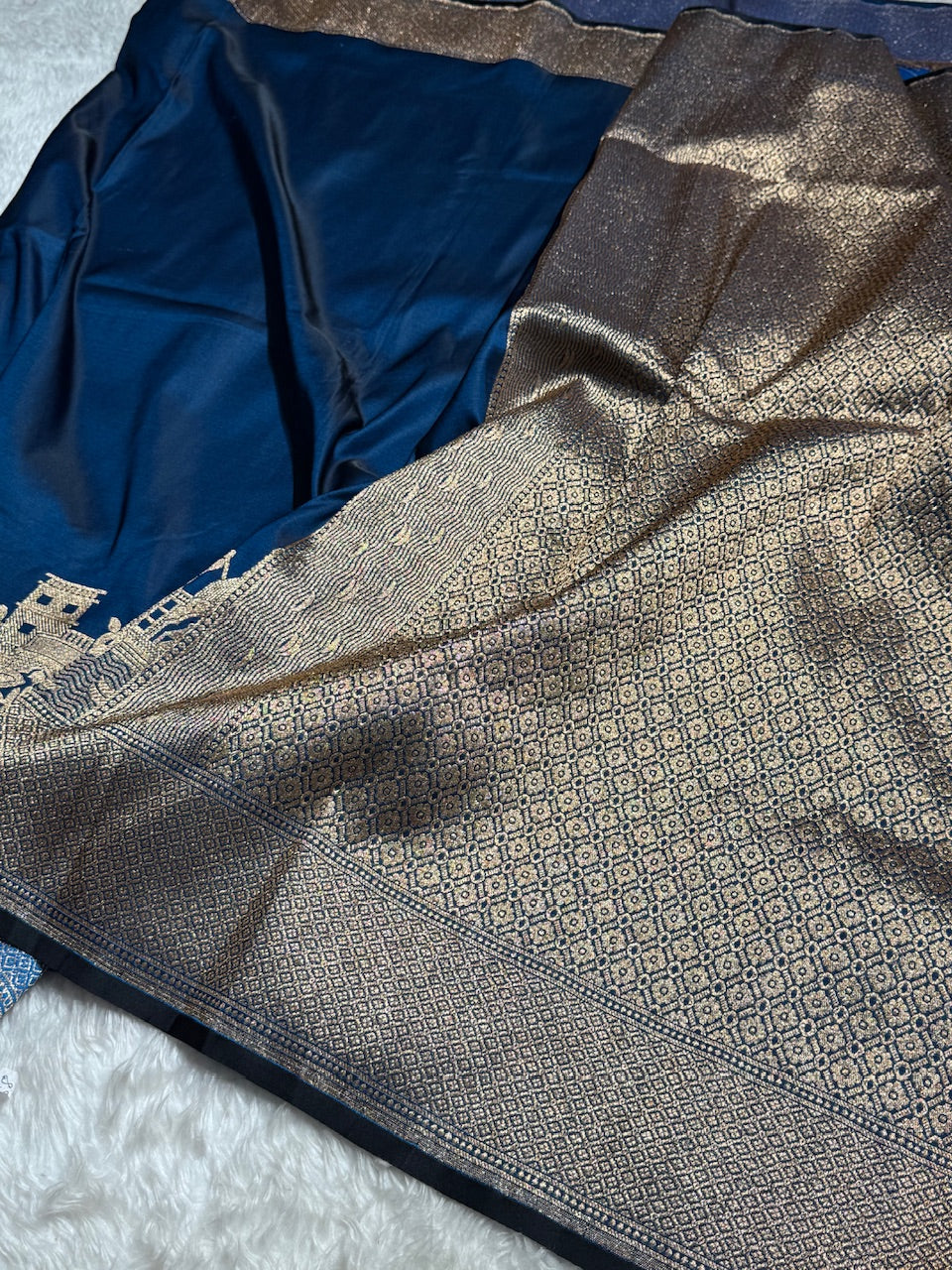 German Blue Banarasi Ghat Pattern Satin Katan Silk saree